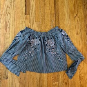 American Eagle Striped Off-Shoulder Floral Embroidered Top